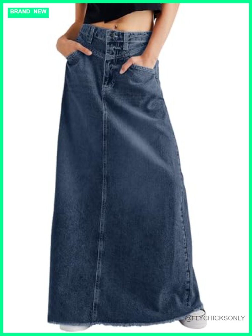 Vintage Denim Maxi Skirt High Waist A-Line Frayed Raw Hem Long Jean Skirt